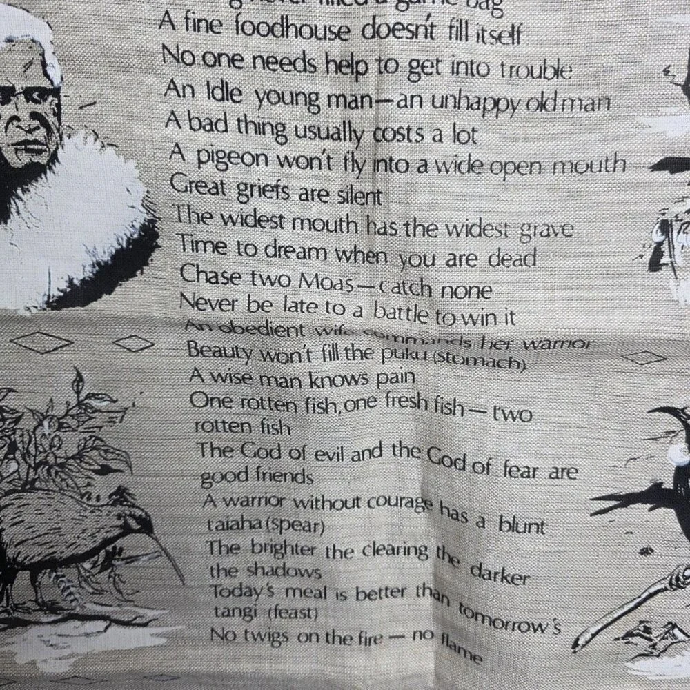 Vtg Maori Wisdom Proverbs Natural Flax Linen Tea Hand Towel New Zealand 19 x 29